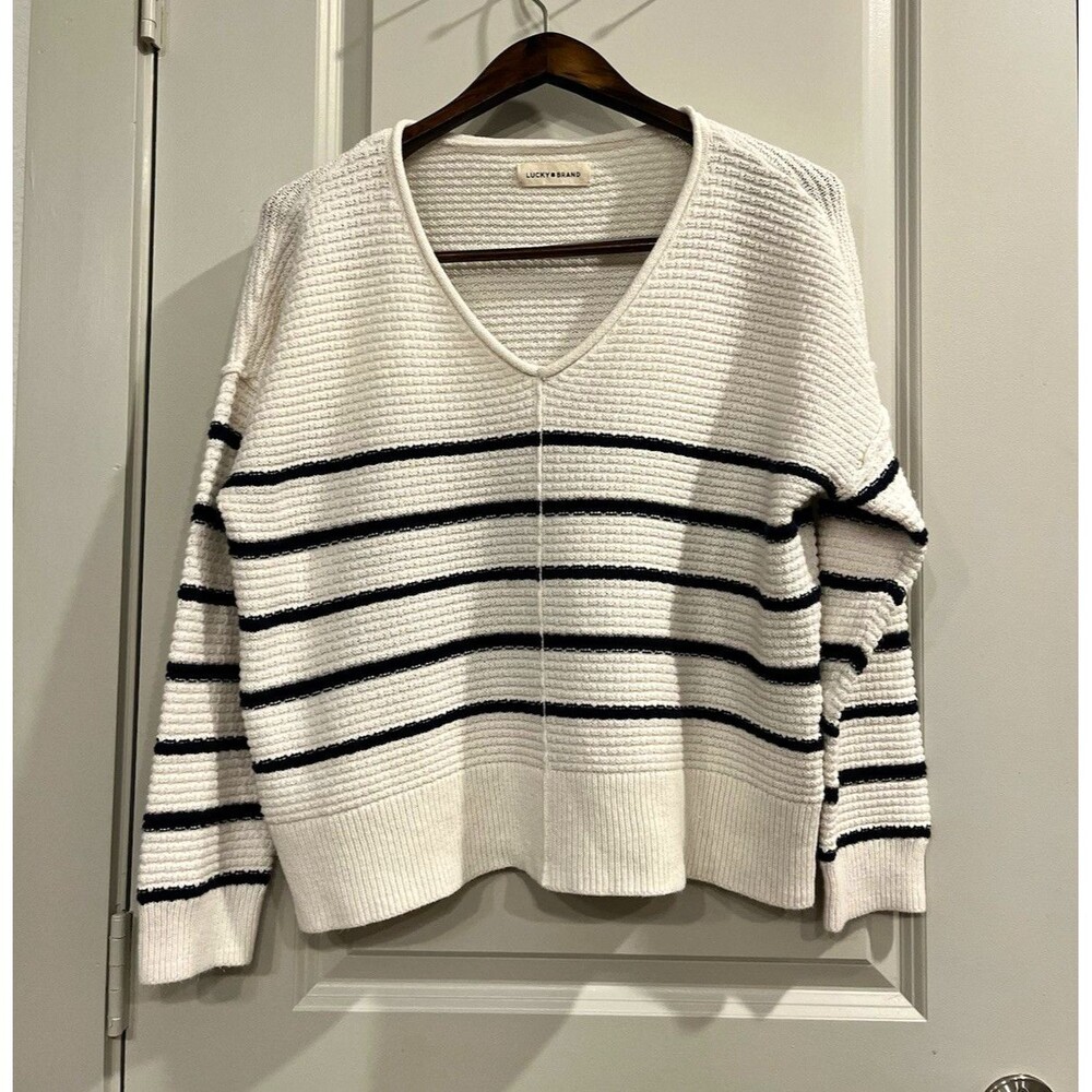 Lucky Brand Women White Navy Striped Knit V-Neck Pullover Sweater L 0063